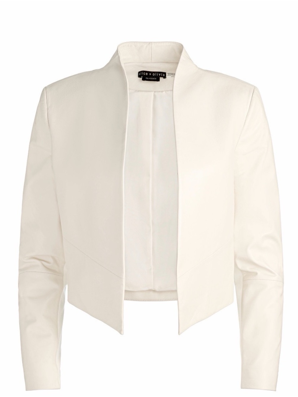 ℕ𝔼𝕎: Alice + Olivia XS “NEW HARVEY LEATHER” White Cropped Open-Front Jacket